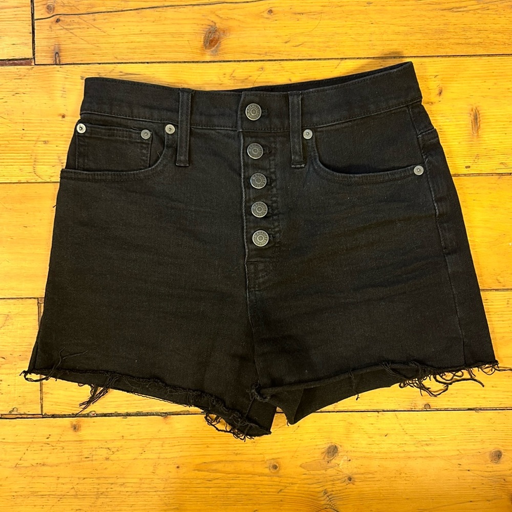Madewell faded black denim high-rise button fly cutoff shorts